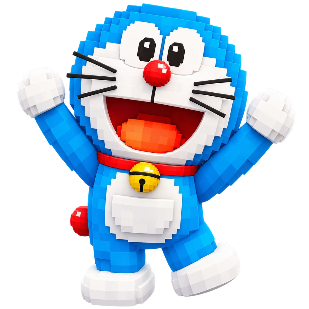Doraemon sorride con entrambe le braccia alzate e ti dà il benvenuto su DoraSMP.